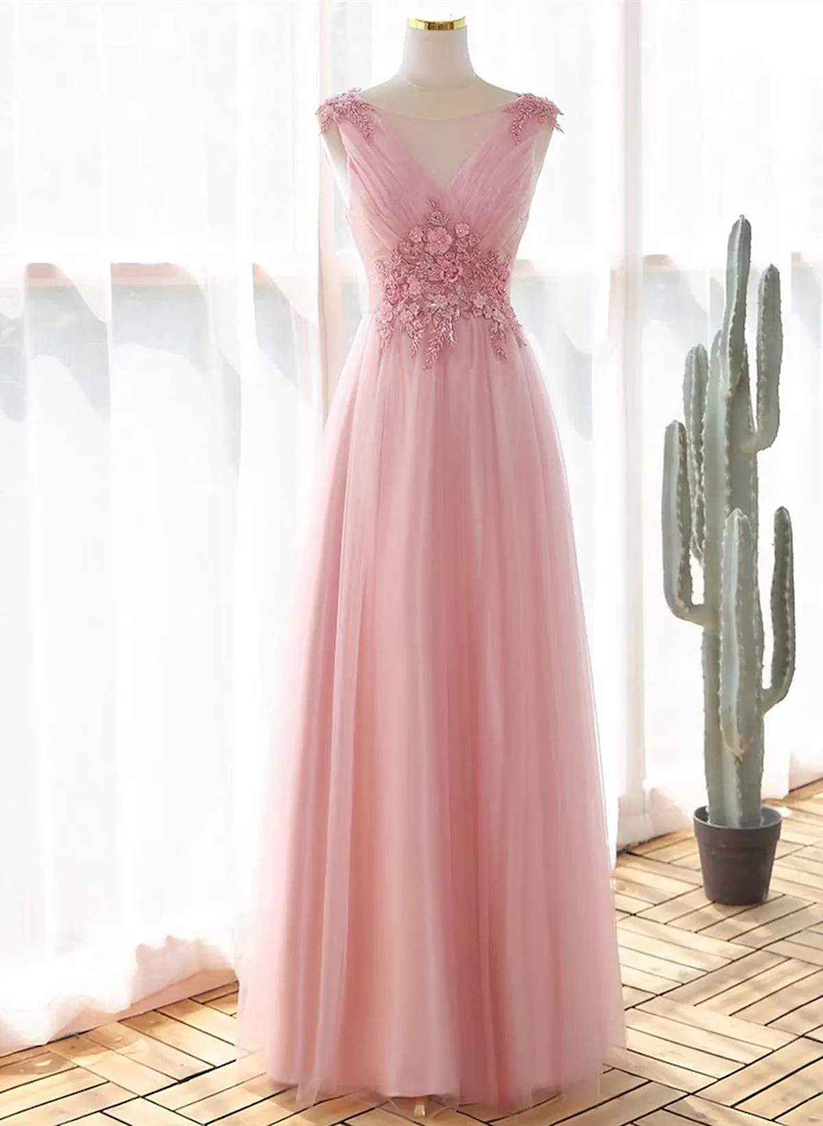 A-line Prom Dress V-neckline Lace Applique Party Dress, Pink Bridesmaid Dress