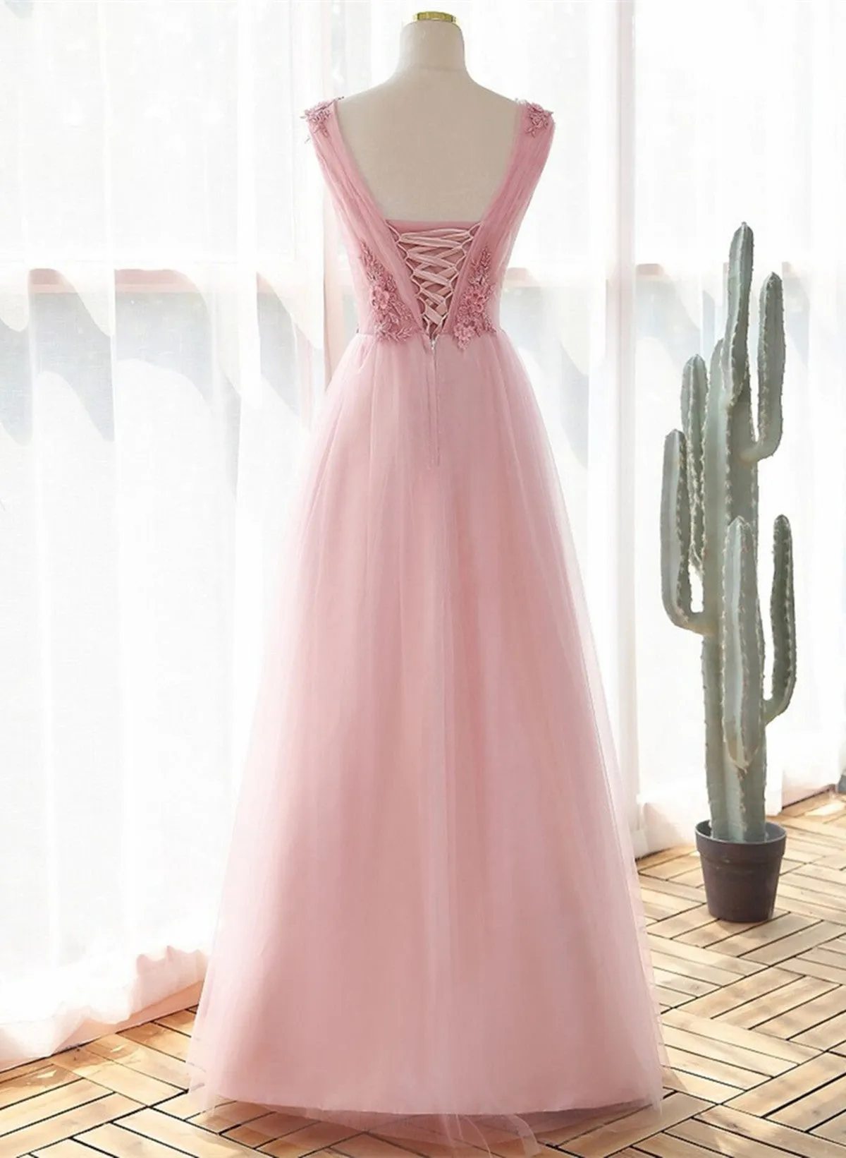 A-line Prom Dress V-neckline Lace Applique Party Dress, Pink Bridesmaid Dress