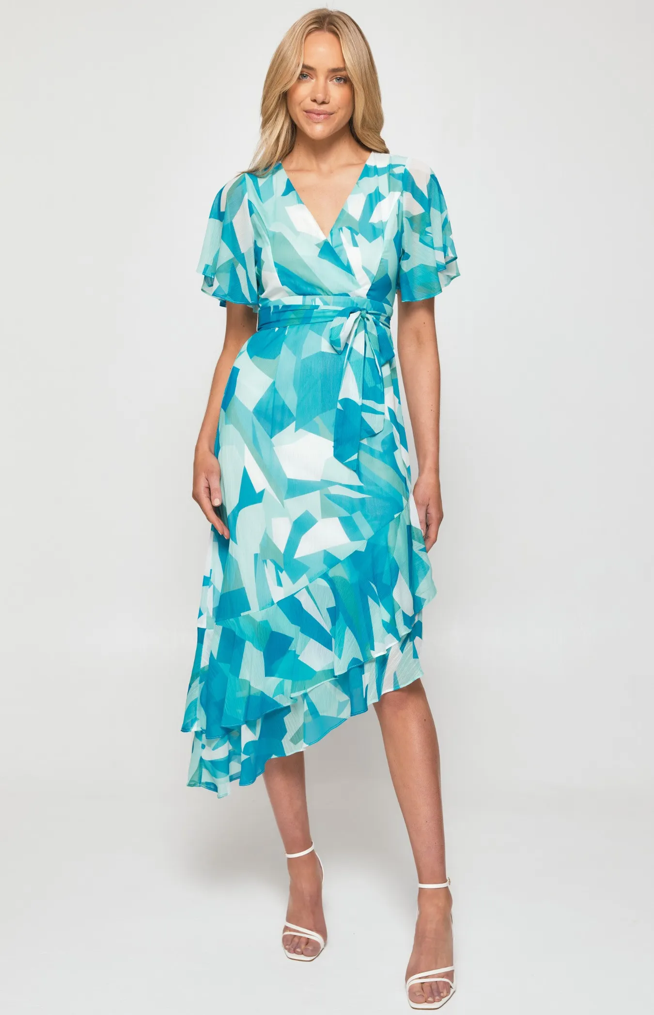 Abstract Print Chiffon Midi Dress with Asymmetric Hem (SDR1259A)