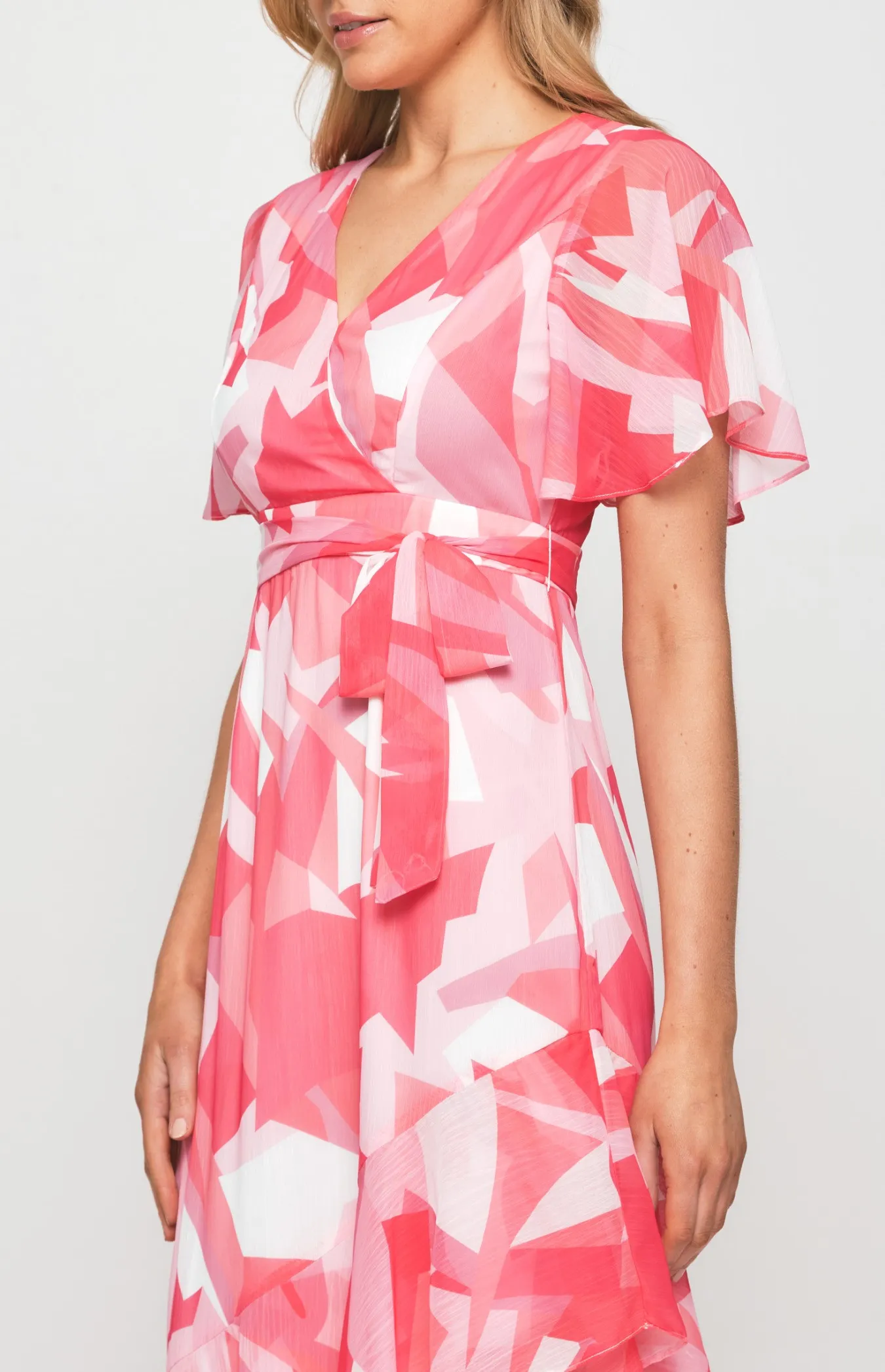 Abstract Print Chiffon Midi Dress with Asymmetric Hem (SDR1259A)