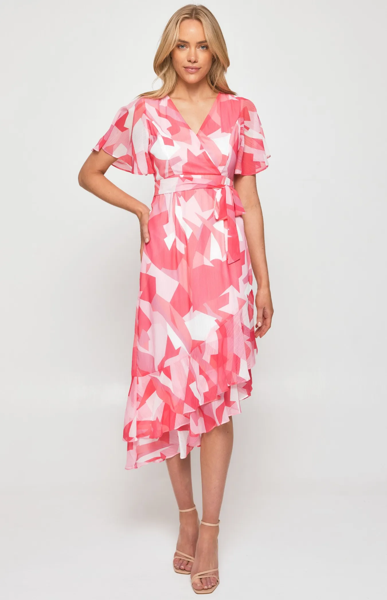 Abstract Print Chiffon Midi Dress with Asymmetric Hem (SDR1259A)