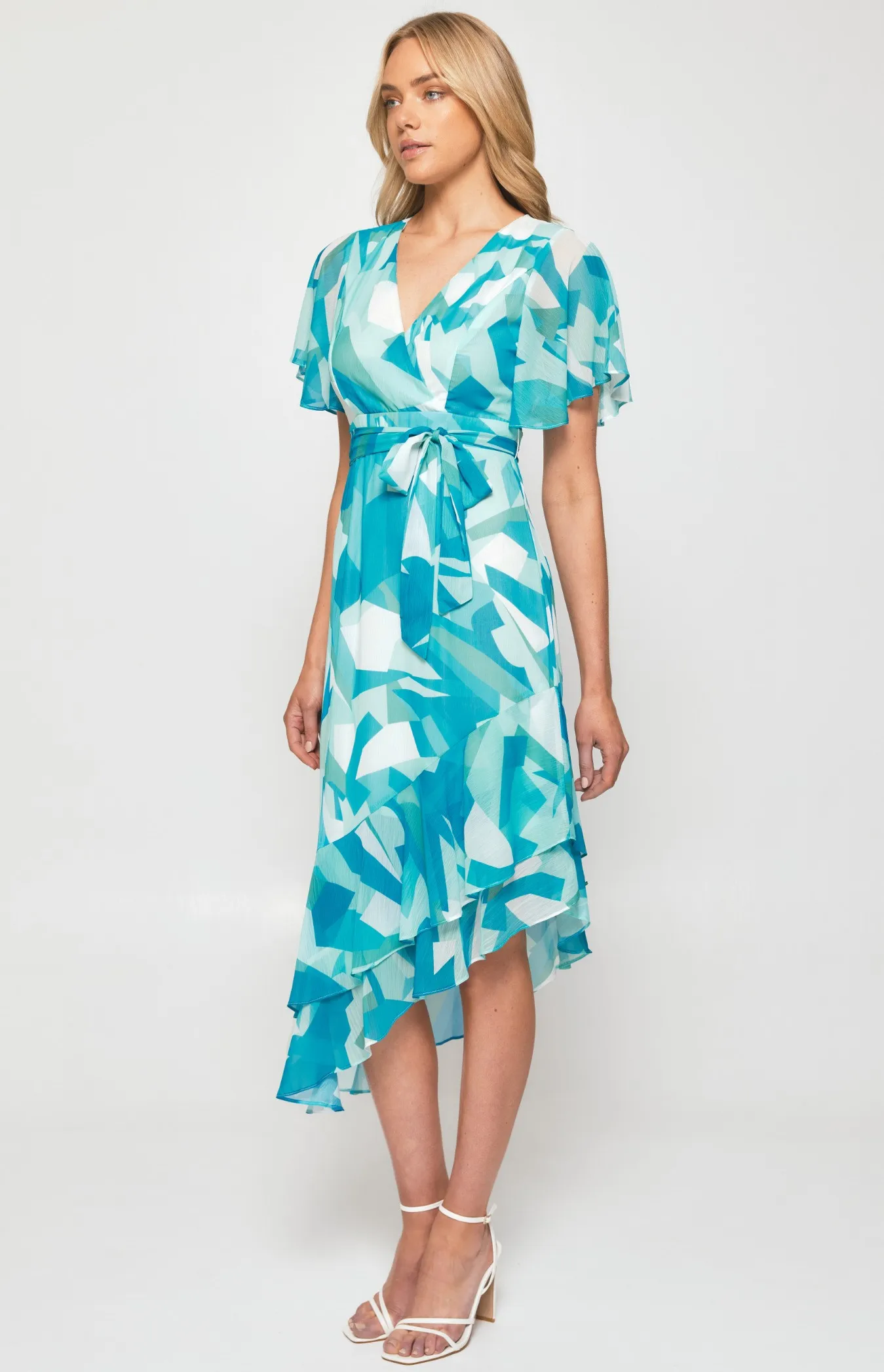 Abstract Print Chiffon Midi Dress with Asymmetric Hem (SDR1259A)