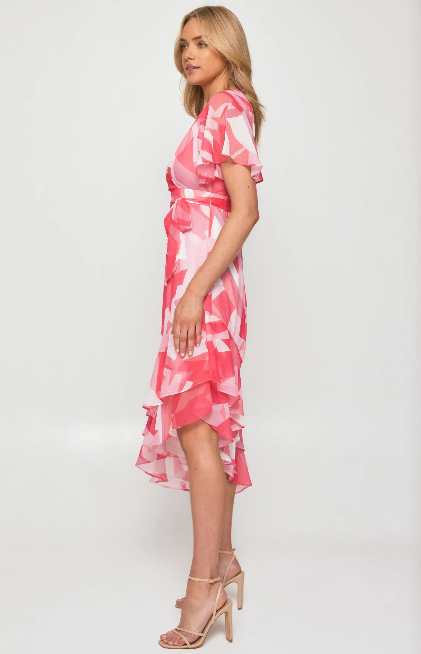 Abstract Print Chiffon Midi Dress with Asymmetric Hem (SDR1259A)