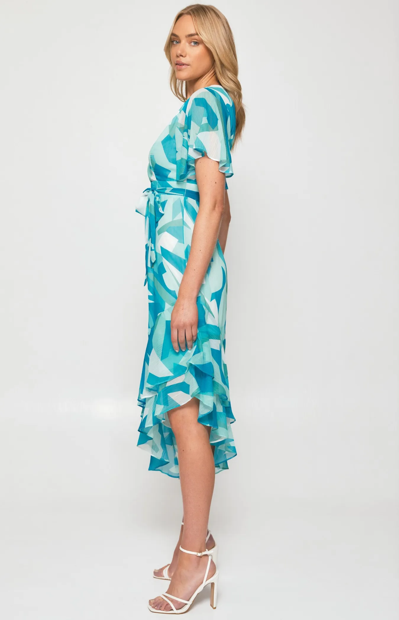 Abstract Print Chiffon Midi Dress with Asymmetric Hem (SDR1259A)