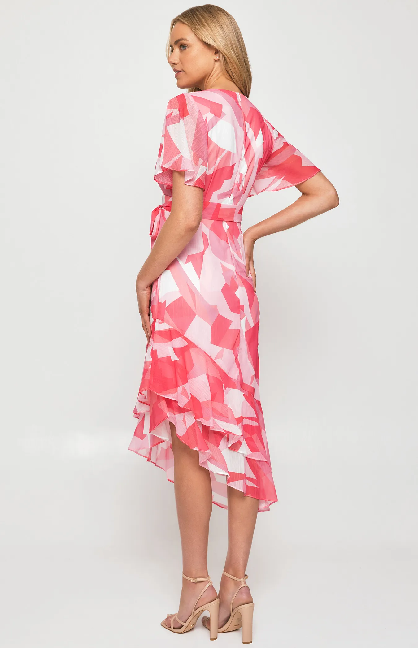 Abstract Print Chiffon Midi Dress with Asymmetric Hem (SDR1259A)