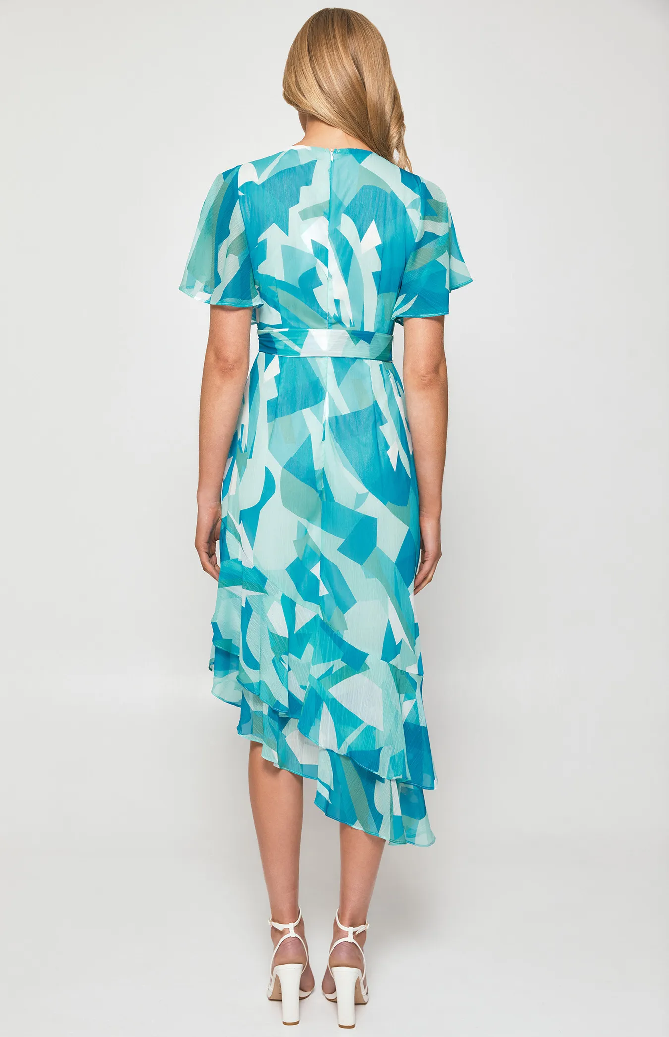 Abstract Print Chiffon Midi Dress with Asymmetric Hem (SDR1259A)