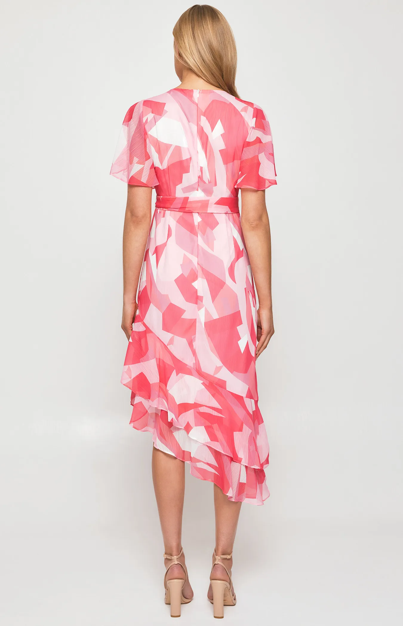 Abstract Print Chiffon Midi Dress with Asymmetric Hem (SDR1259A)