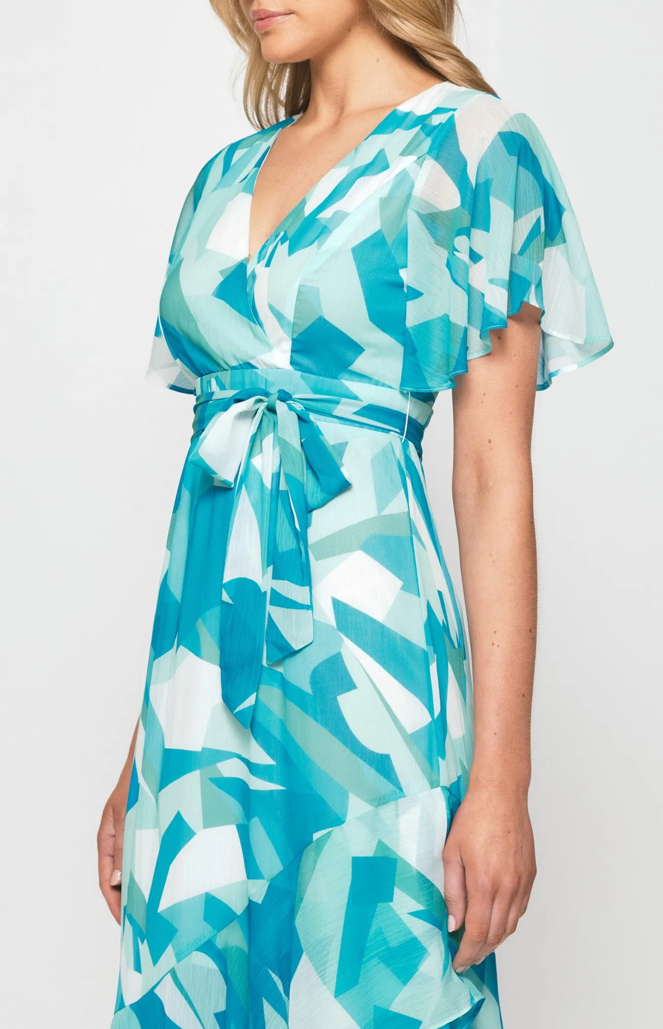 Abstract Print Chiffon Midi Dress with Asymmetric Hem (SDR1259A)