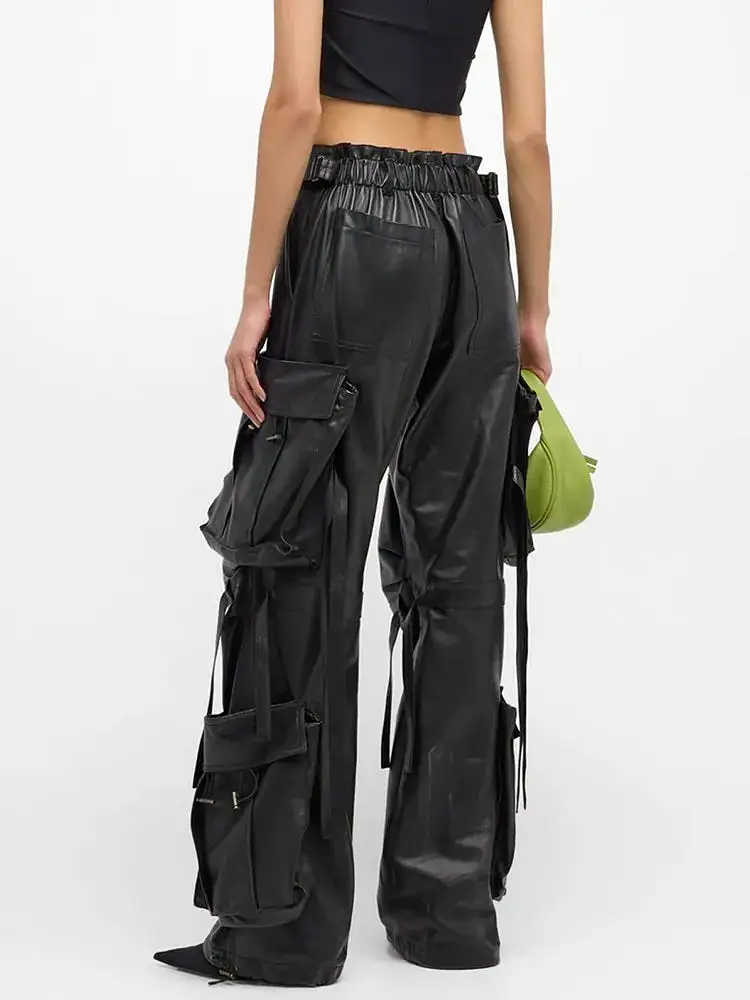 Ashore Shop solid leather cargo pants for women high waist  floor length trouser female