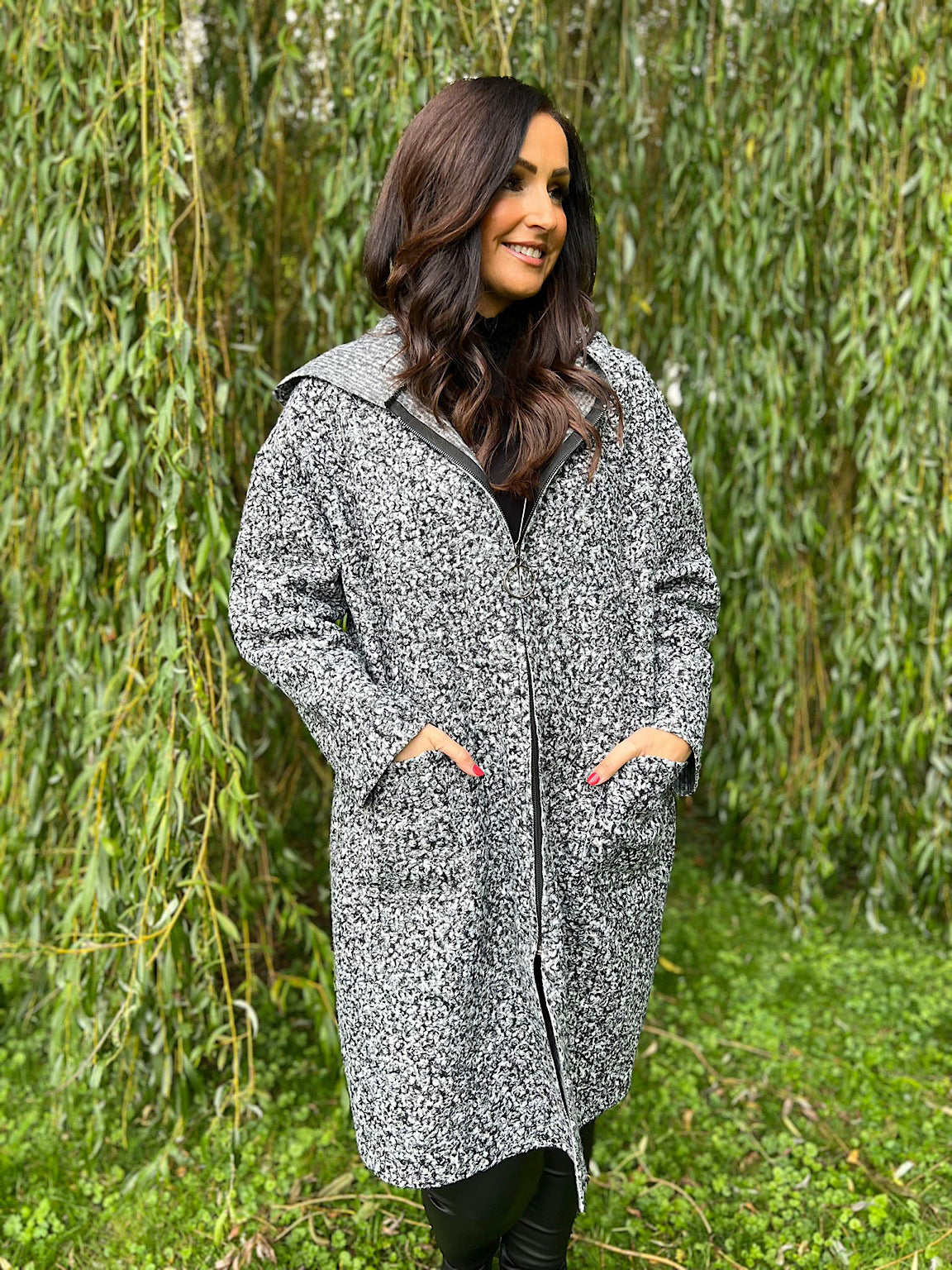 Black and White Boucle Double Pocket Coat Sharon