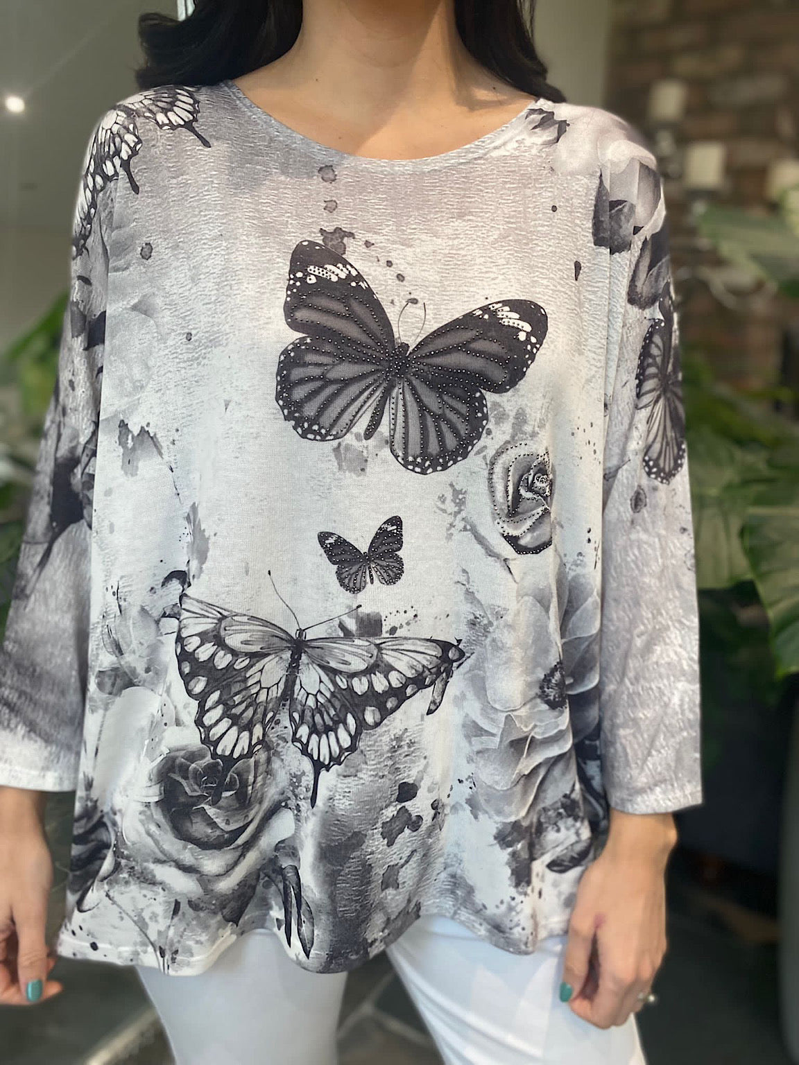 Black Butterfly Print Top Polly