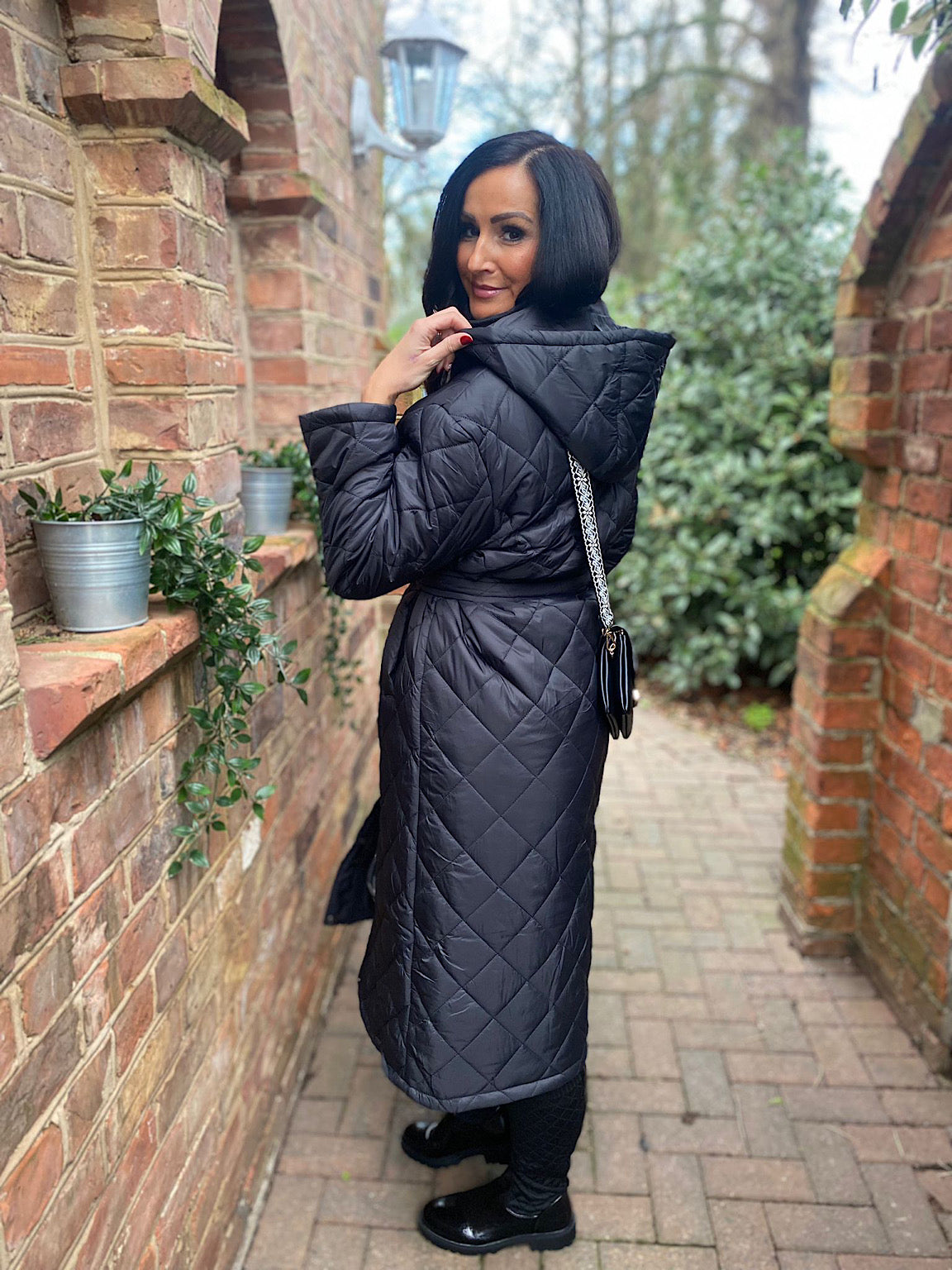 Black Quilted Long Line Coat Maria