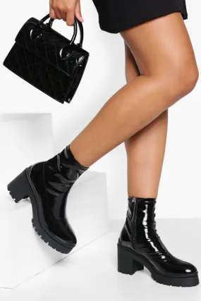 Block Heel Patent Sock Boot