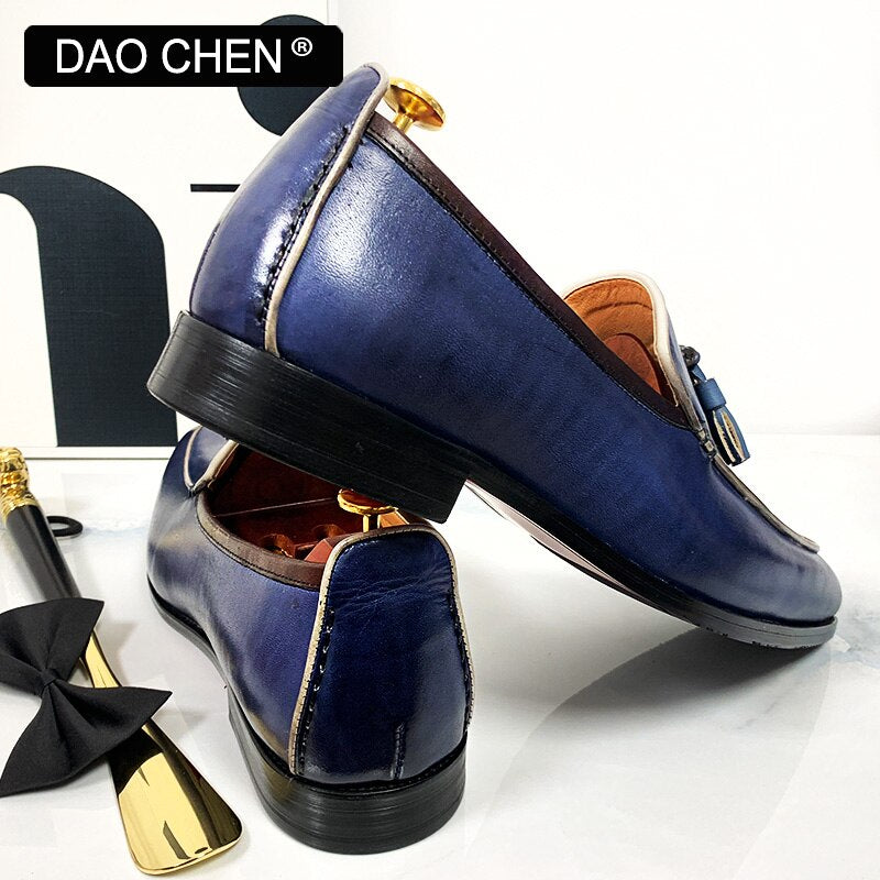 BLUE BLACK TASSEL LOAFERS SLIP ON ELEGANT MEN DRESS SHOES