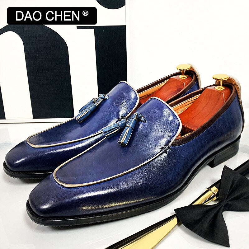 BLUE BLACK TASSEL LOAFERS SLIP ON ELEGANT MEN DRESS SHOES