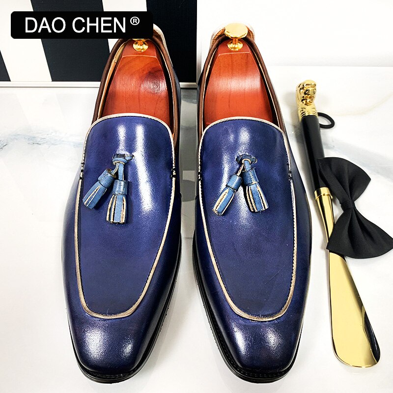 BLUE BLACK TASSEL LOAFERS SLIP ON ELEGANT MEN DRESS SHOES