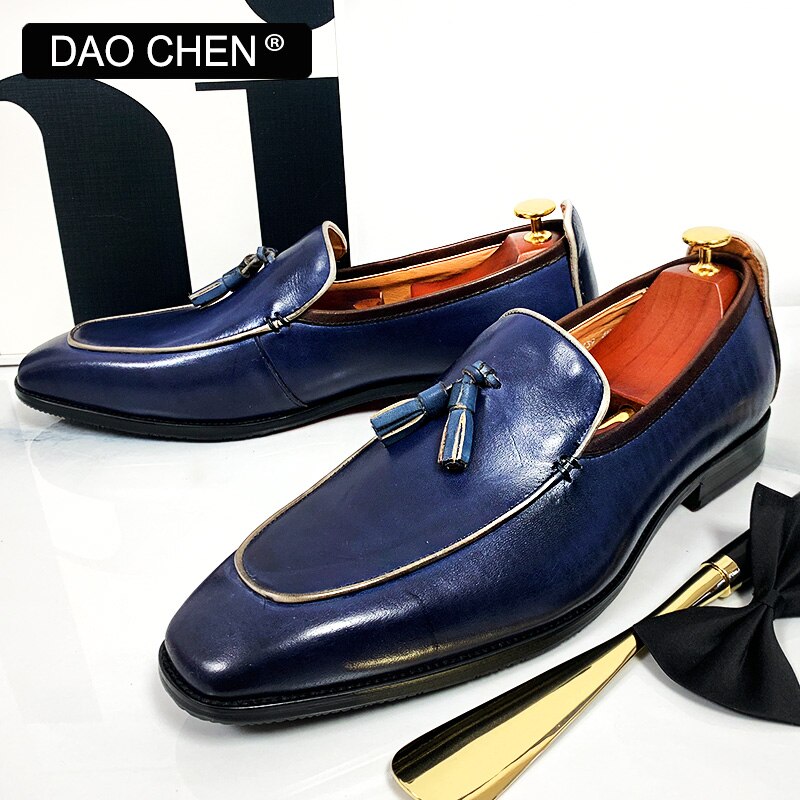 BLUE BLACK TASSEL LOAFERS SLIP ON ELEGANT MEN DRESS SHOES