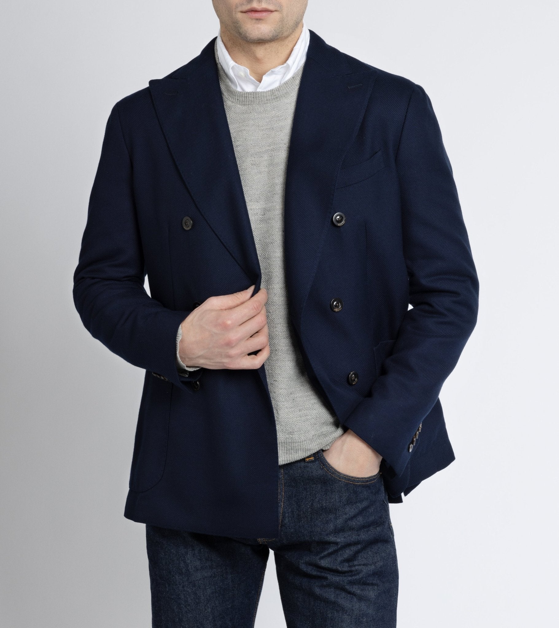 Boglioli Wool Cotton Hopsack Double Breasted Jacket: Navy