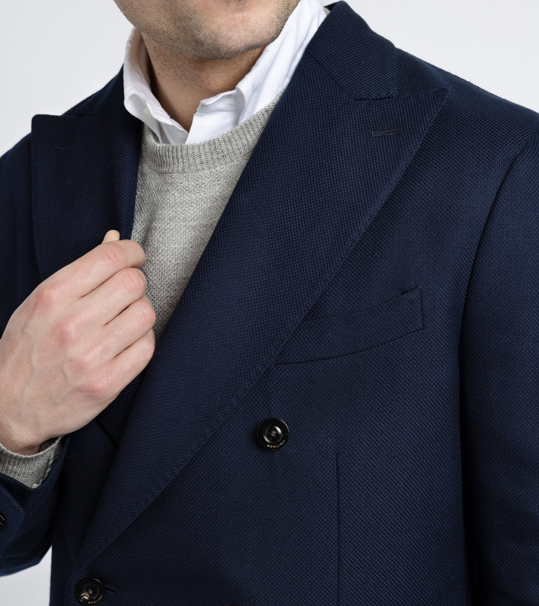 Boglioli Wool Cotton Hopsack Double Breasted Jacket: Navy