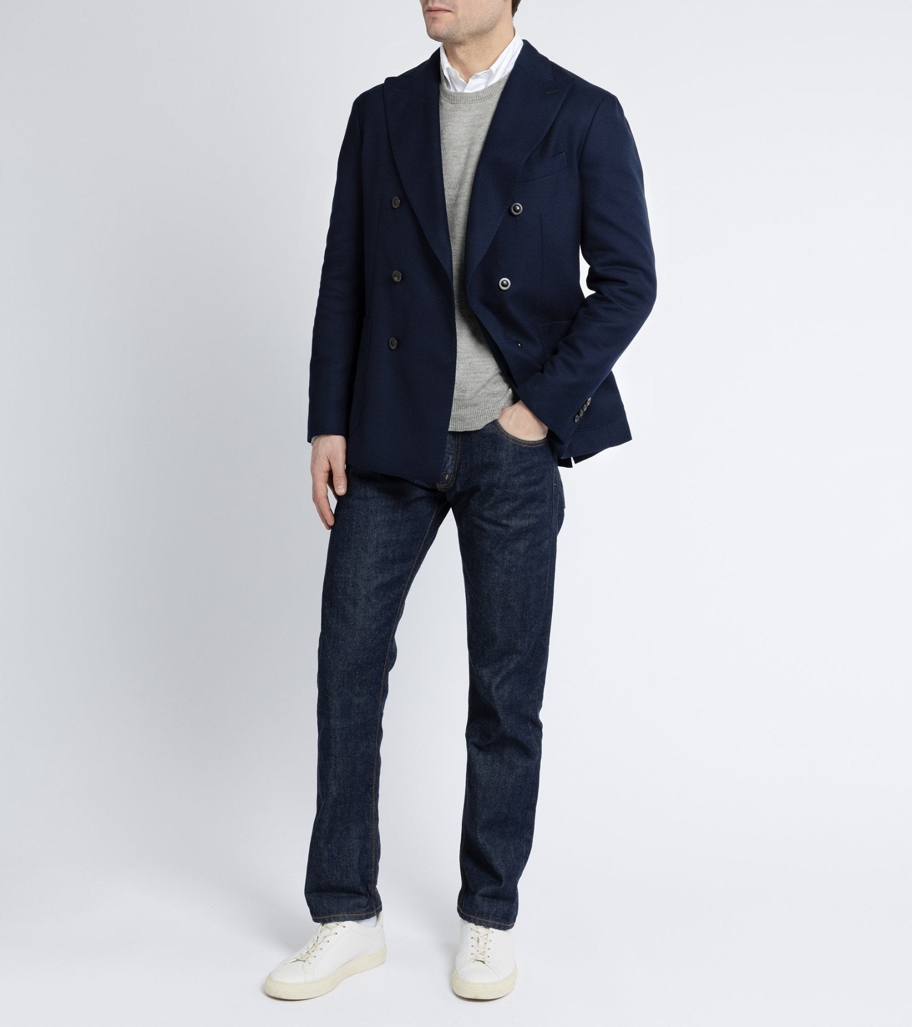 Boglioli Wool Cotton Hopsack Double Breasted Jacket: Navy