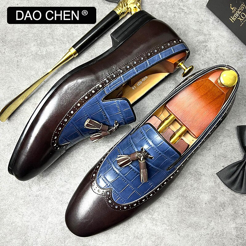 CASUAL SHOES BLACK MIXED COLOR WINGTIP MEN DRESS LOAFERS SHOES WEDDING OFFICE GENUINE LEATHER SUMMER SHOES FOR MEN