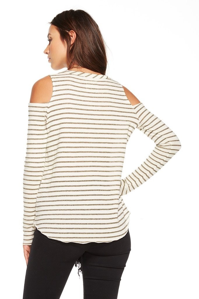 Chaser Open Shoulder Sparkle Stripe Knit Long Sleeve