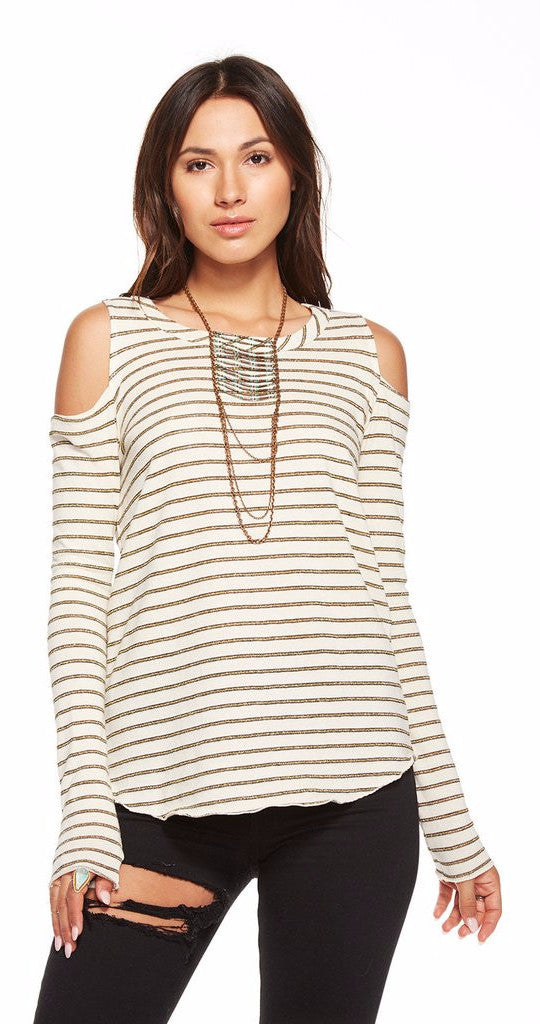 Chaser Open Shoulder Sparkle Stripe Knit Long Sleeve