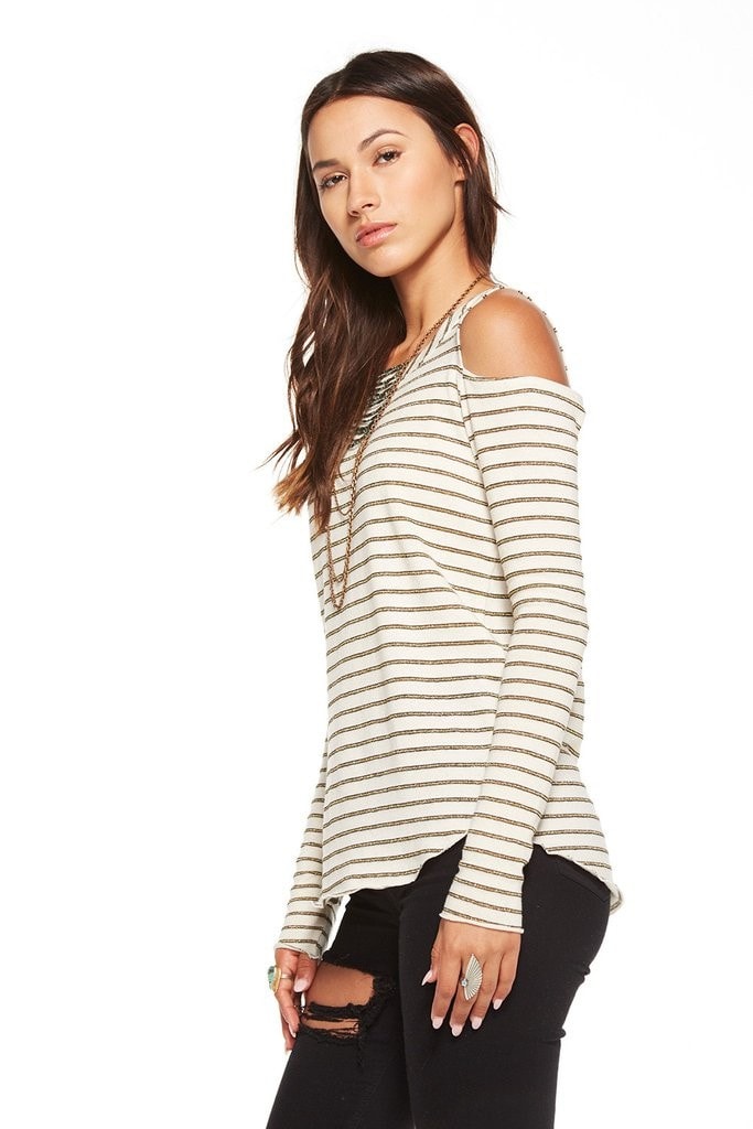 Chaser Open Shoulder Sparkle Stripe Knit Long Sleeve