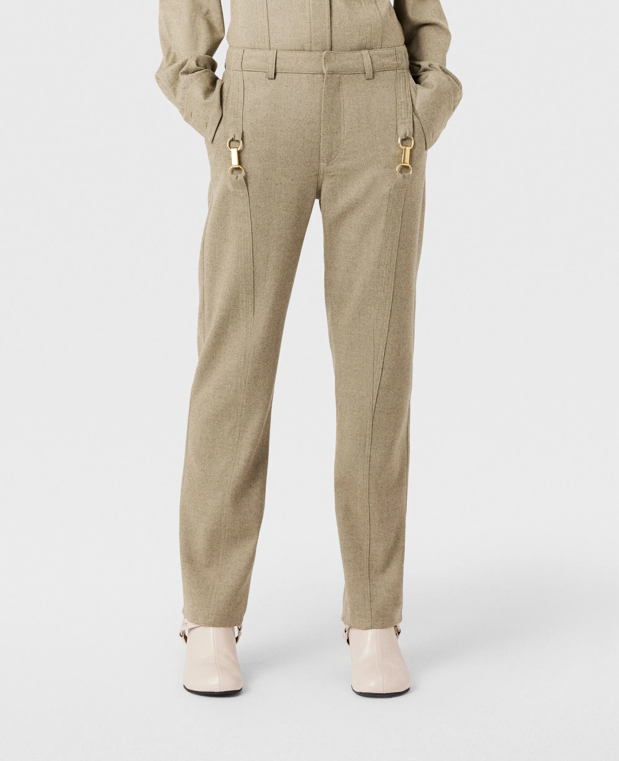 Clasp-Embellished Mid-Rise Wool Pants