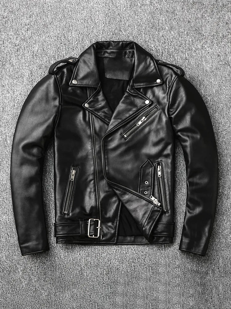 Classical Motorcycle Jackets Men Leather Jacket Cowhide Thick Moto Jacket