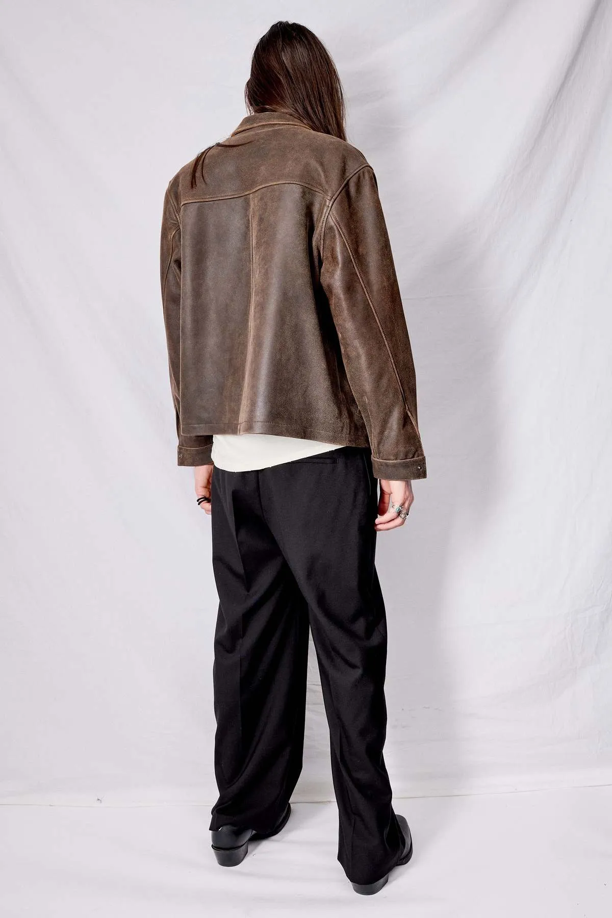 Cracked Leather Zip Jacket - Brown