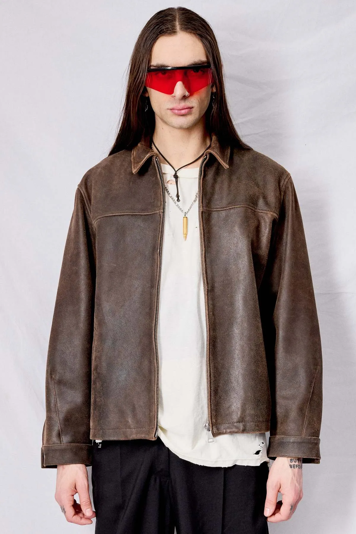 Cracked Leather Zip Jacket - Brown