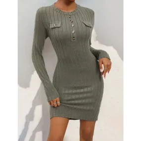 Decorative Button Round Neck Long Sleeve Dress