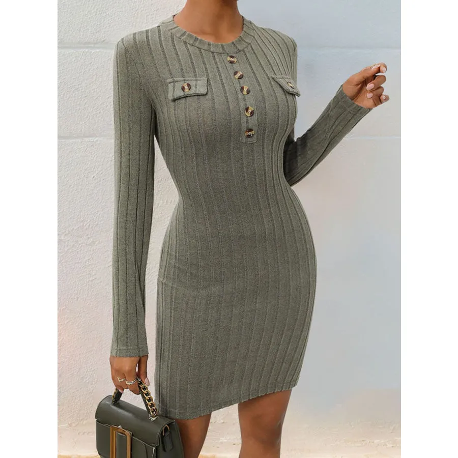 Decorative Button Round Neck Long Sleeve Dress