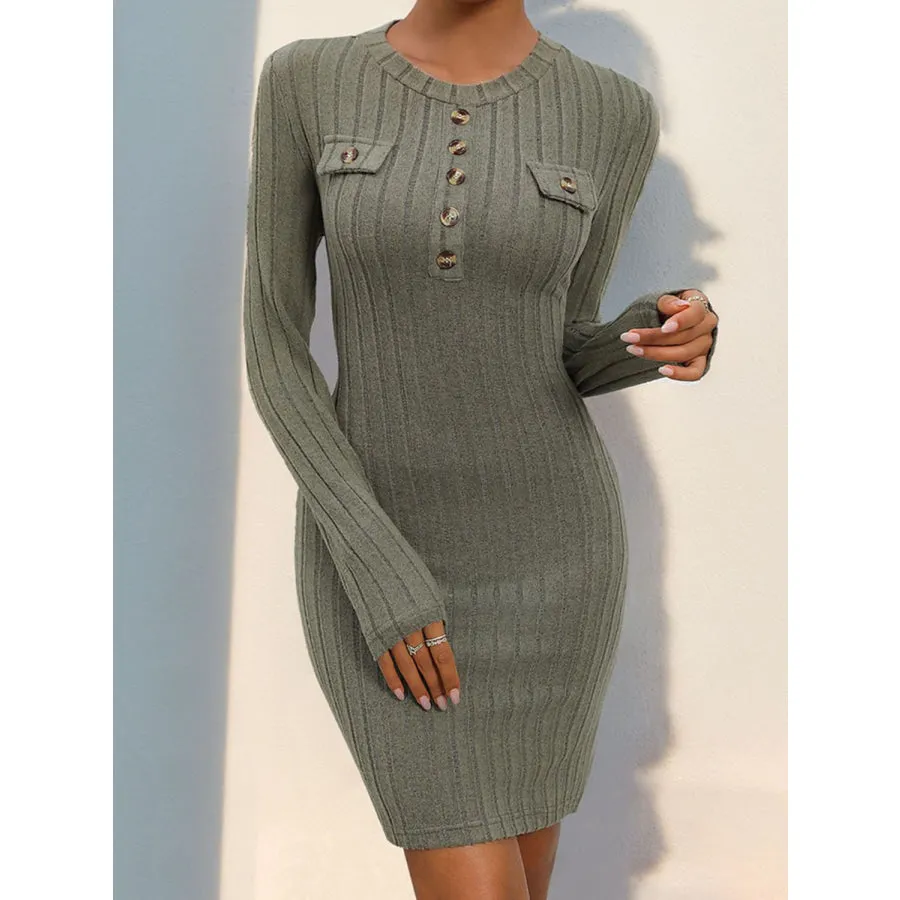 Decorative Button Round Neck Long Sleeve Dress