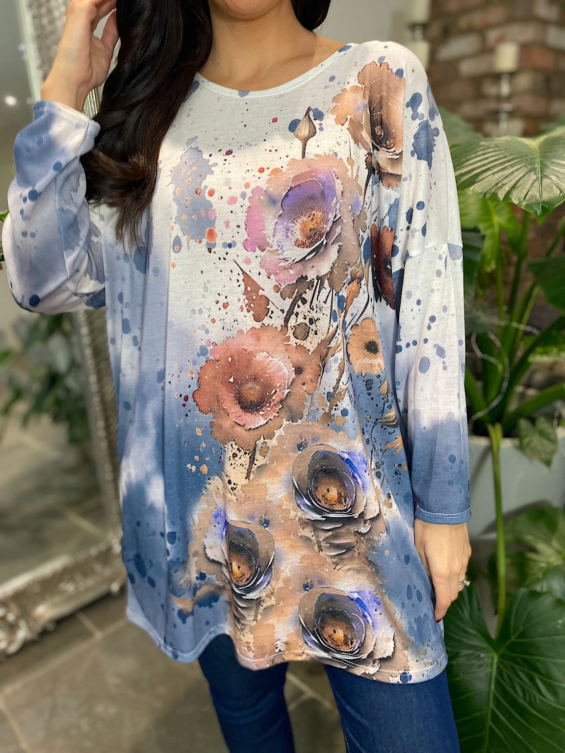 Denim Floral Colour Splash Tunic Pria