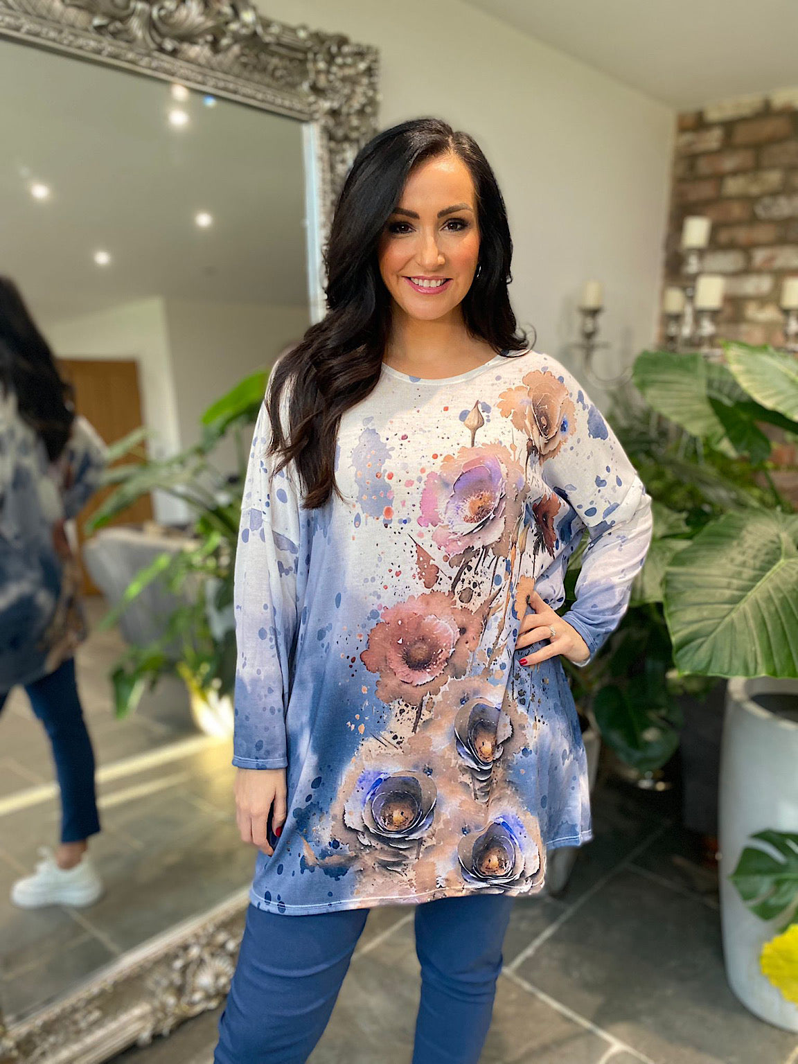 Denim Floral Colour Splash Tunic Pria