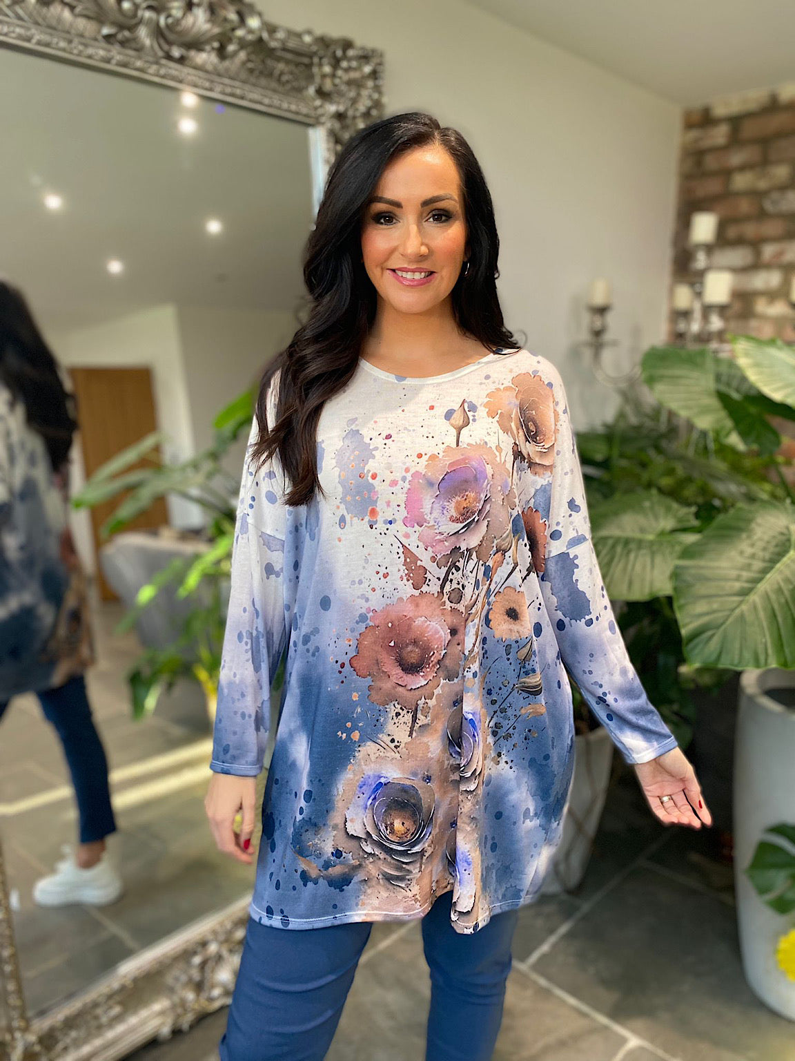 Denim Floral Colour Splash Tunic Pria