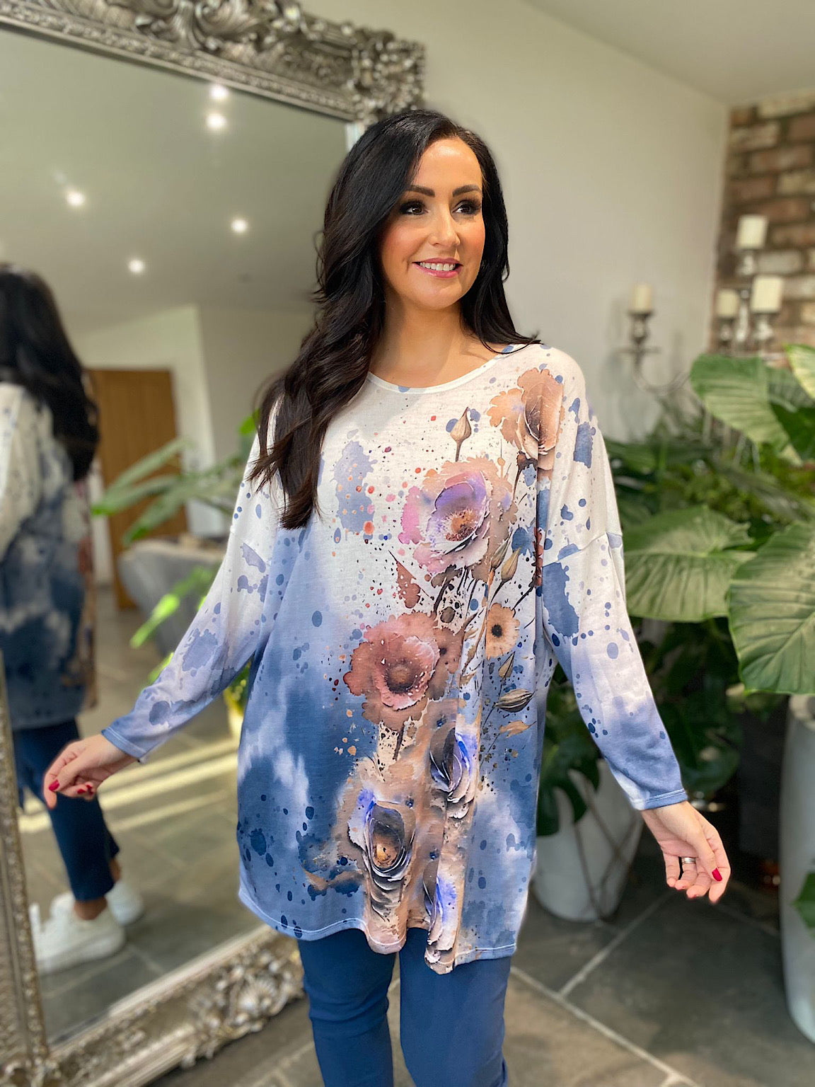 Denim Floral Colour Splash Tunic Pria