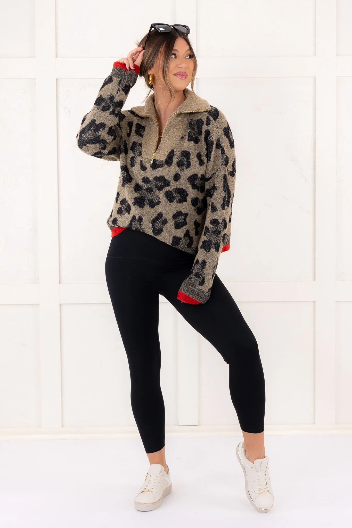 Dreams Of You Half Zip Sweater - Tipped Leopard