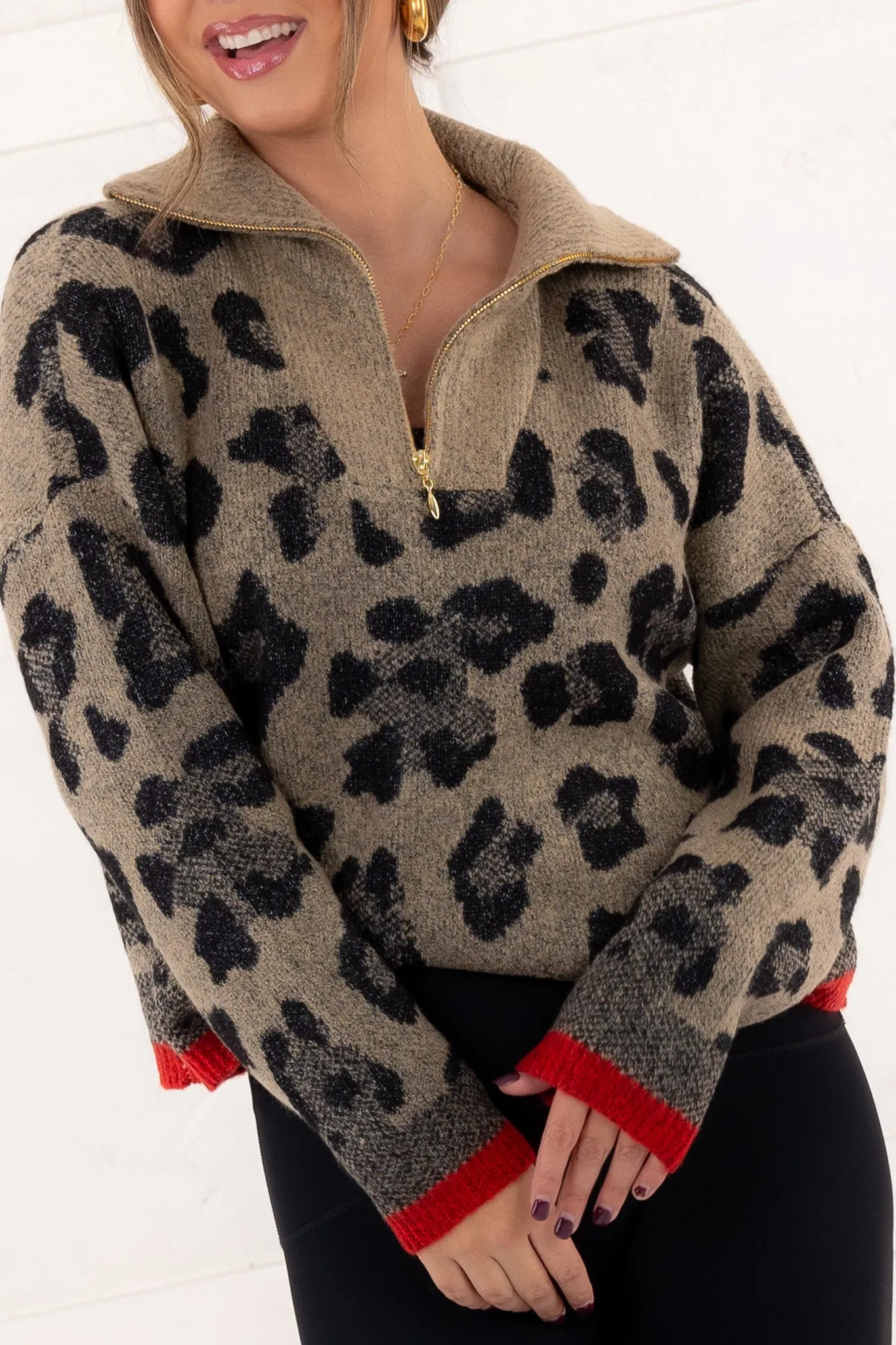 Dreams Of You Half Zip Sweater - Tipped Leopard