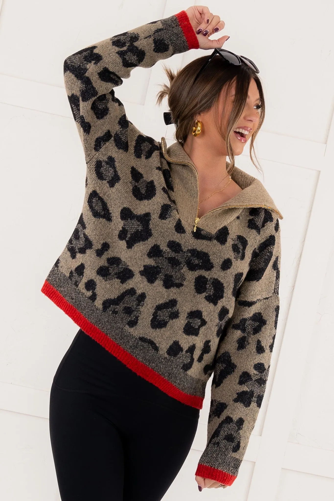 Dreams Of You Half Zip Sweater - Tipped Leopard