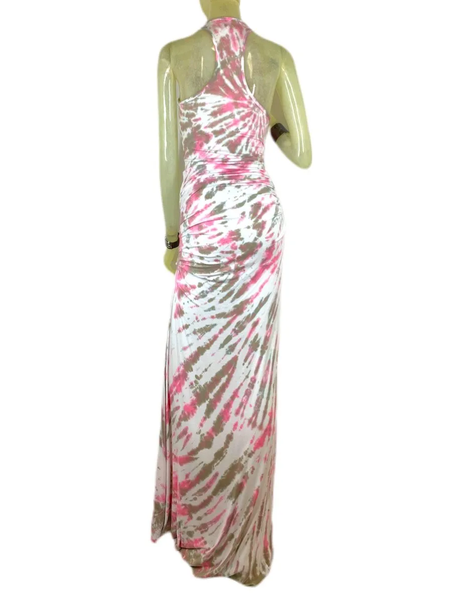 E-Motions Ruched Side Tie Dye Maxi Dress Pink Tan Tiger TD