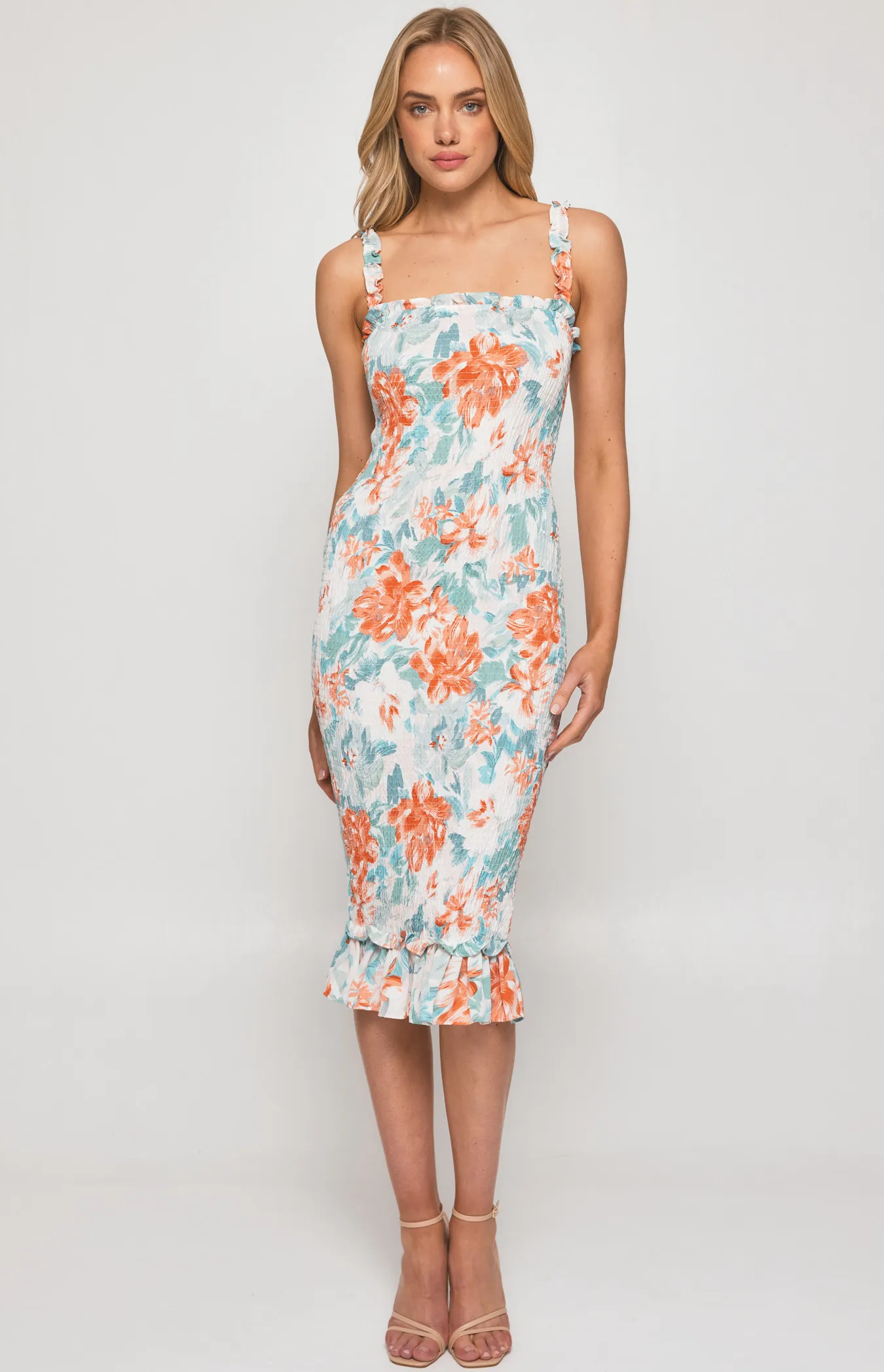 Floral Shirred Midi Dress with Ruffle Hem Detail (SDR975-2B)