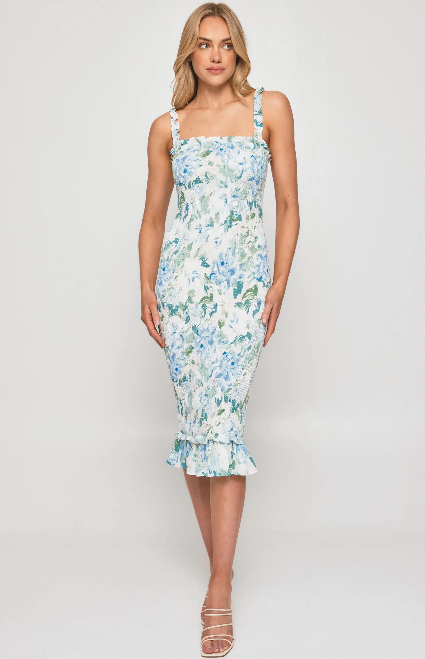 Floral Shirred Midi Dress with Ruffle Hem Detail (SDR975-2B)