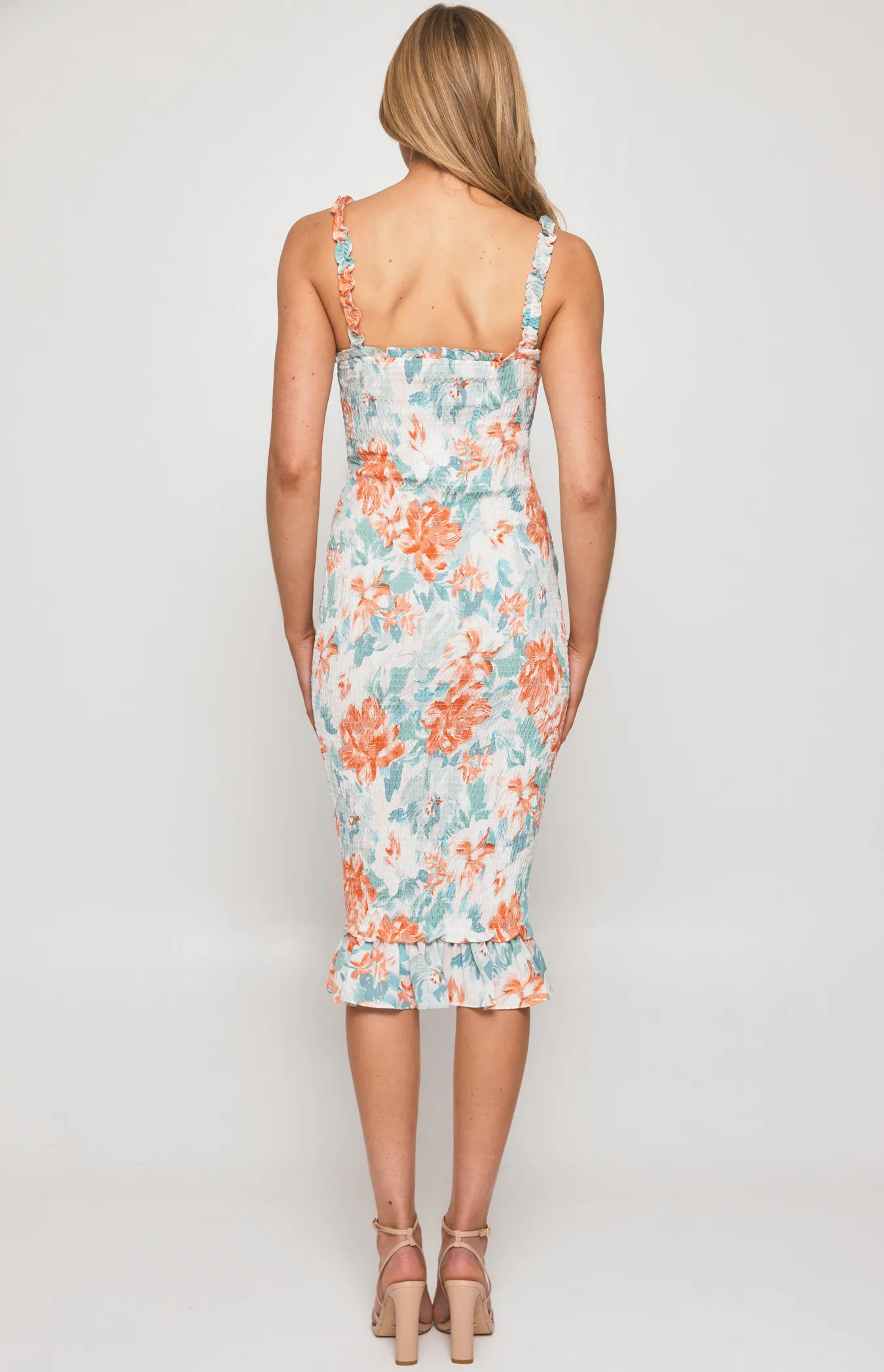 Floral Shirred Midi Dress with Ruffle Hem Detail (SDR975-2B)