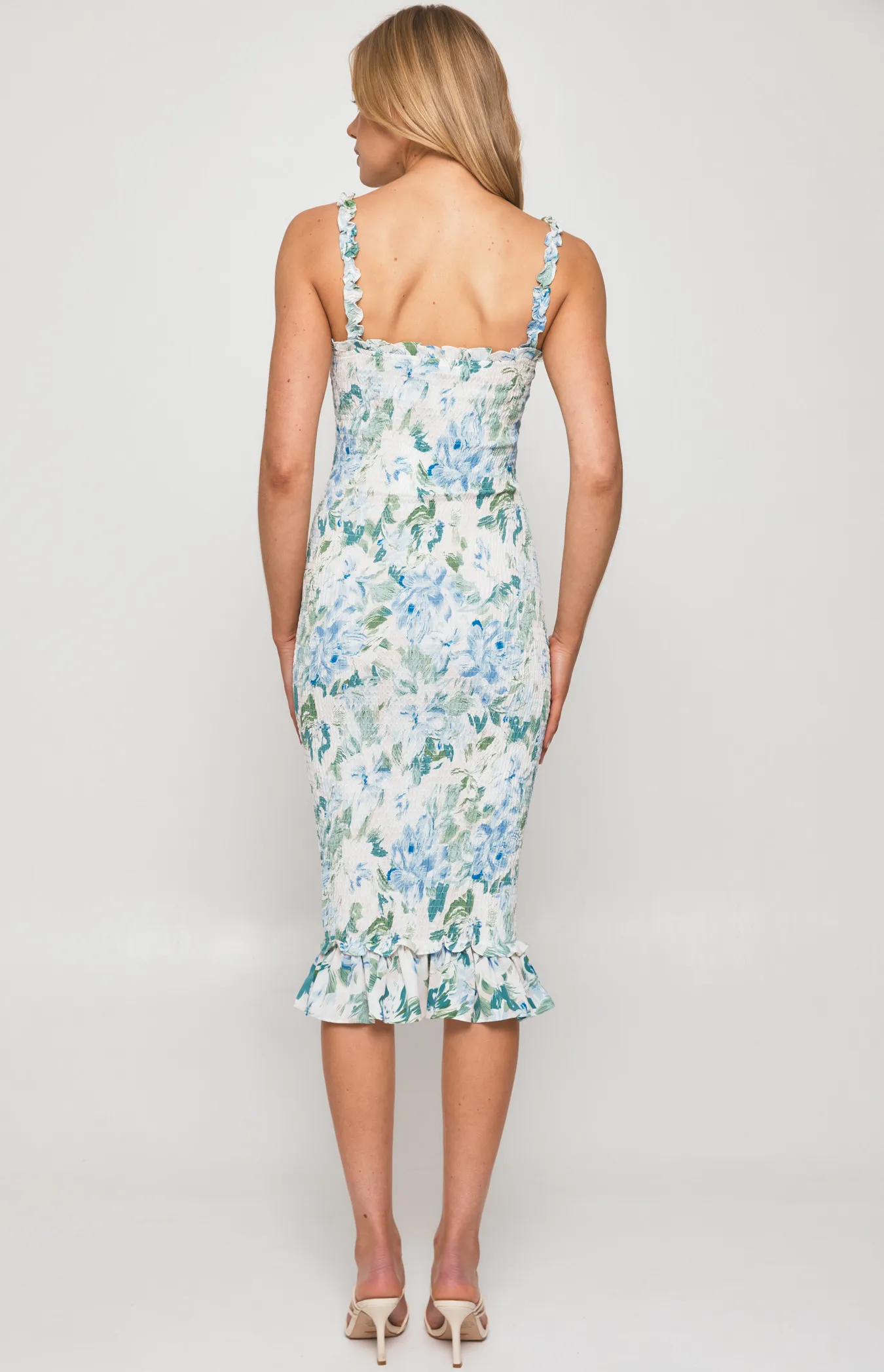 Floral Shirred Midi Dress with Ruffle Hem Detail (SDR975-2B)