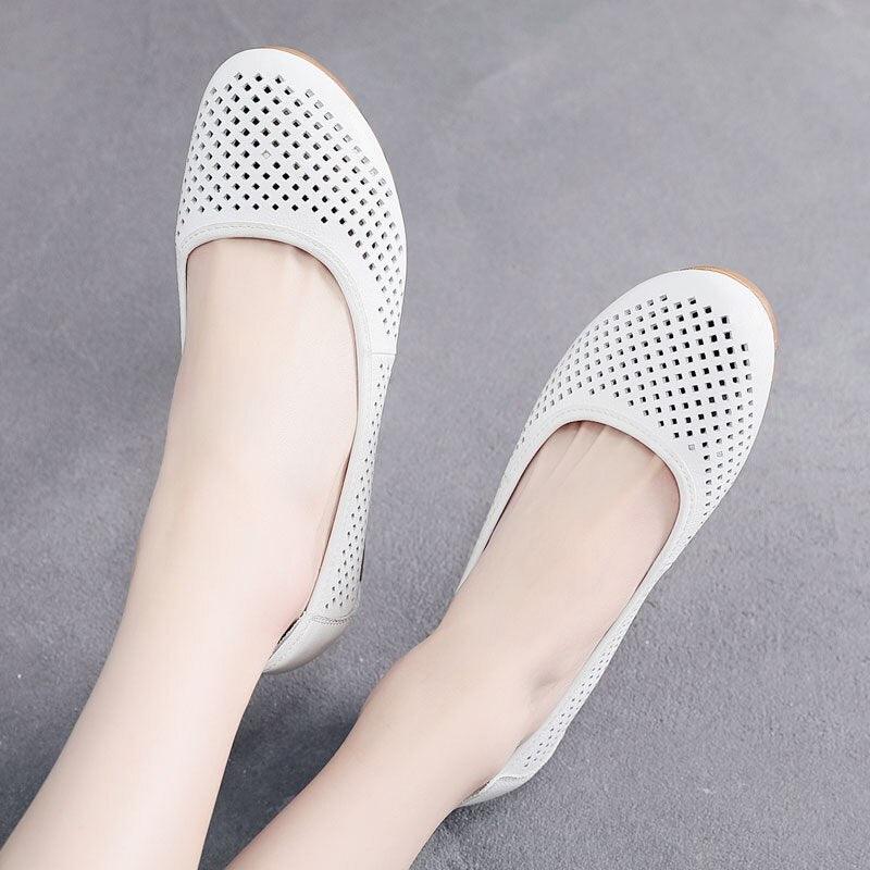 GI124 Women's White Leather Breathable Flats Loafers: Casual Shoes