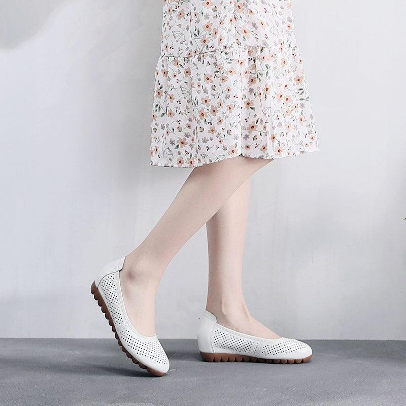 GI124 Women's White Leather Breathable Flats Loafers: Casual Shoes