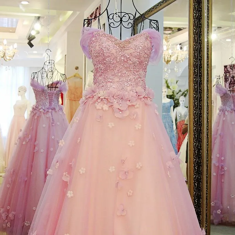 Gorgeous Pink Flowers Off Shoulder Party Dress, Pink Formal Dress Ball Gown Formal Dress